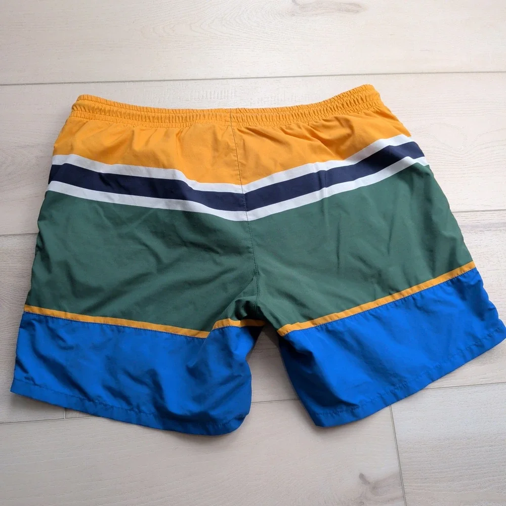 Lacoste Swim Trunks Mens L Mesh Lined Colorblock Yellow Green Blue Stripe MH2764